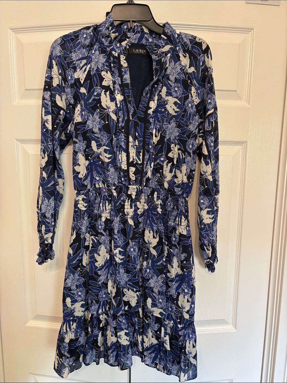Lauren Ralph Lauren Navy and White Floral Long-Sleeve Dress